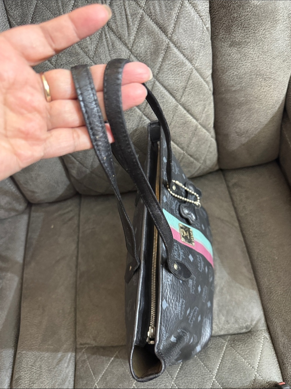 MCM Black Canvas Tote with Pink and Mint Center Stripes - Picture 2 of 6